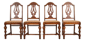 Berkey & Gay Style Antique English Jacobean Carved Walnut Dining Chairs, Set of Four