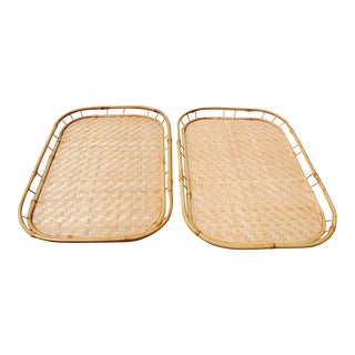 Vintage Bamboo Rattan Tiki Boho Serving Trays - a Pair For Sale