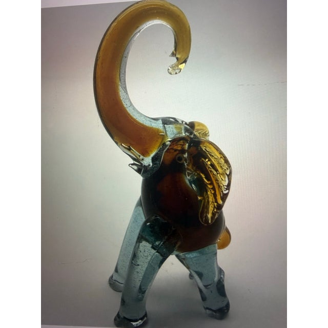 Italian Vintage Italian Style Sommerso Art Glass Elephant Pair Amber Aqua Blue Clear Glass 9” For Sale - Image 3 of 9