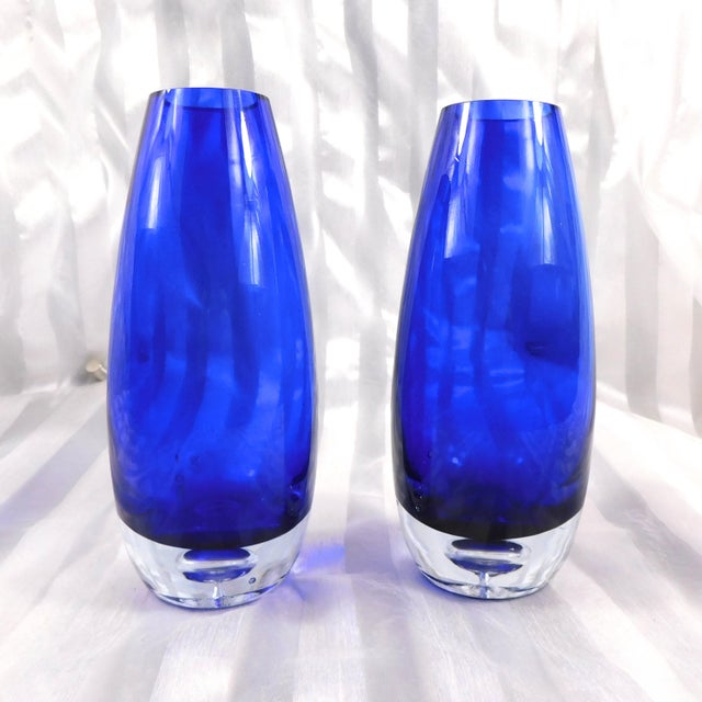 Set of Two Blue Art Glass Vases For Sale - Image 4 of 4