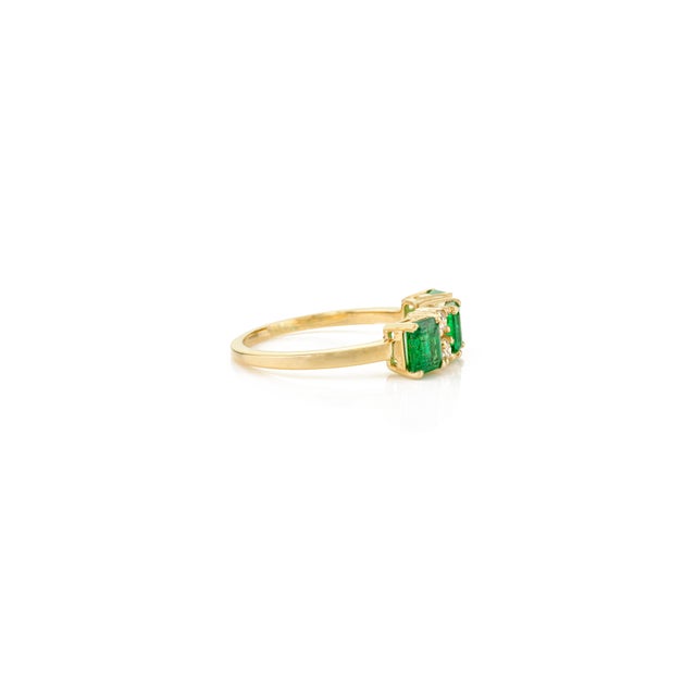 Three Stone Prong Set Emerald Diamond Ring Size 6.5 For Sale In New York - Image 6 of 12