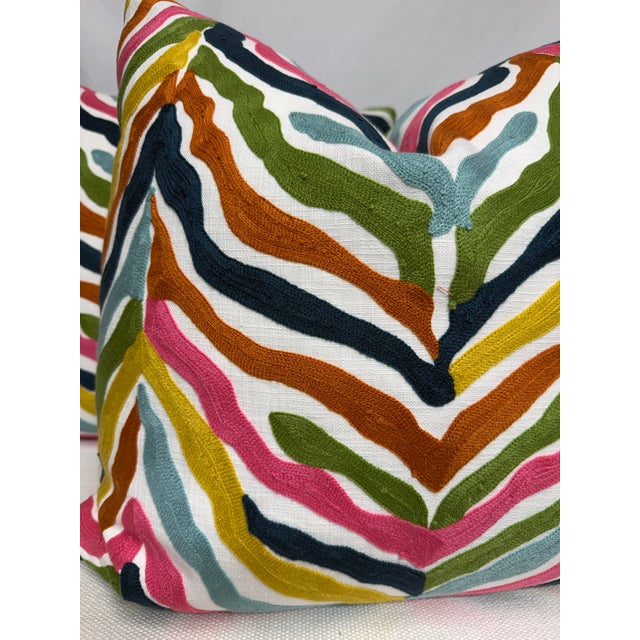 Transitional Embroidered Zebra in Multi 22" Pillows-a Pair For Sale - Image 3 of 3