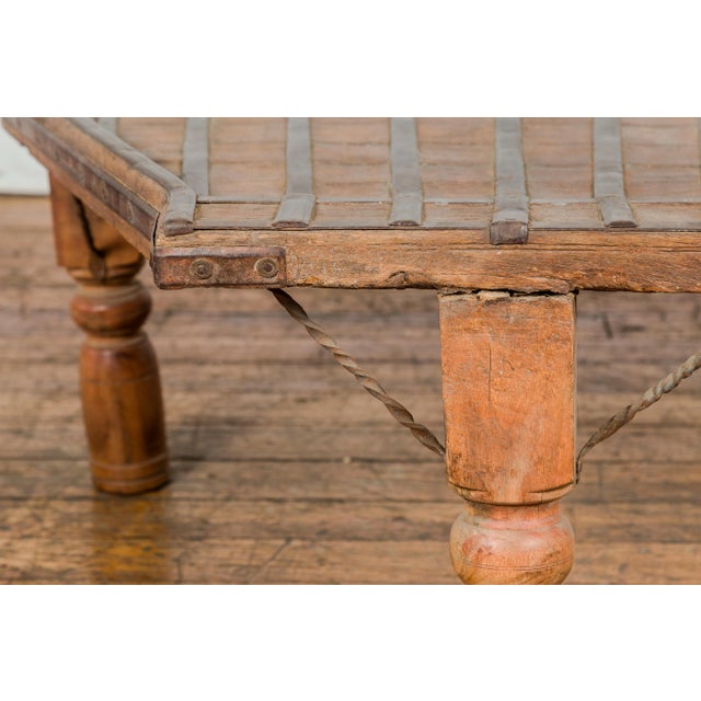 19th Century Bullock Cart Rustic Coffee Table with Twisted Iron Stretchers For Sale - Image 9 of 12