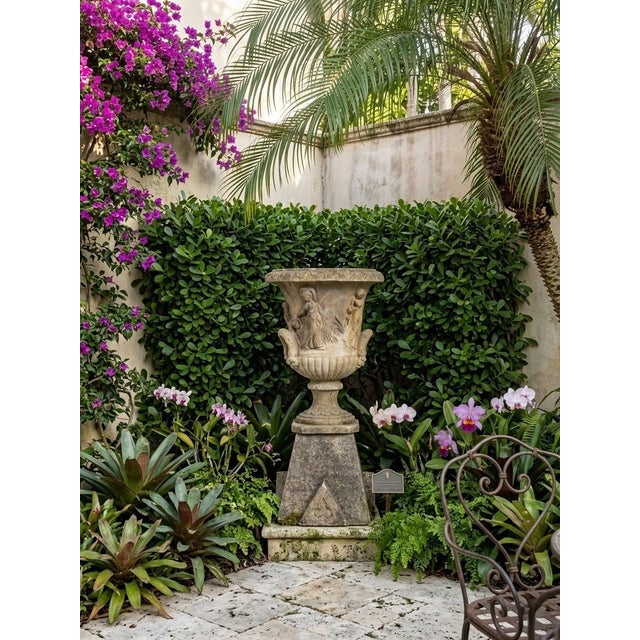 Stone Neo-Classical Style Cast Stone Garden Urn on Pedestal With Bacchanalian Relief For Sale - Image 7 of 10