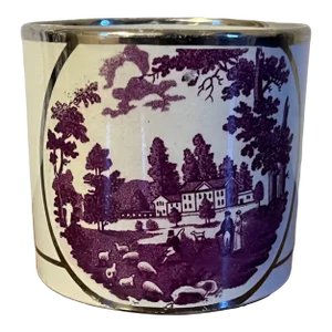 Antique 19th Century English Regency Pearlware Porter's Mug With Country House Scene in Pink & Silver Luster