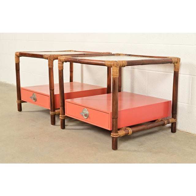 John Wisner for Ficks Reed Mid-Century Hollywood Regency Bamboo Rattan Glass Top Side Tables, Pair For Sale - Image 11 of 11