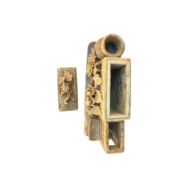 Stone Vintage Hand-Carved Asian Soapstone Scholar’s Desk Set With Floral Motif For Sale - Image 7 of 12