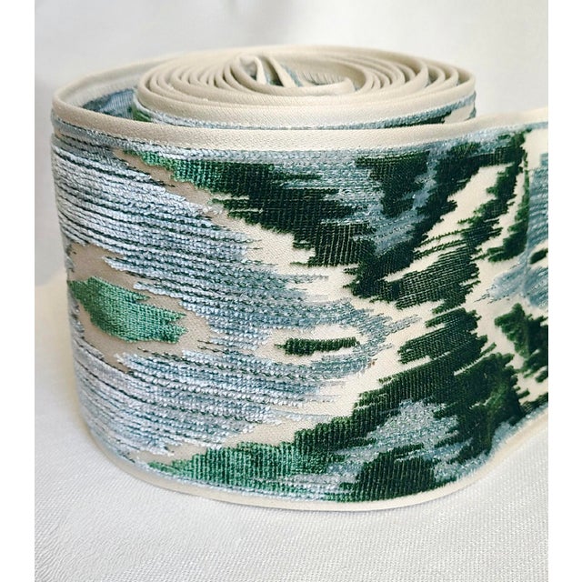 4.5 yards of Schumacher 5” wide tape trim in ikat pattern cut velvet Deep green and pale blue