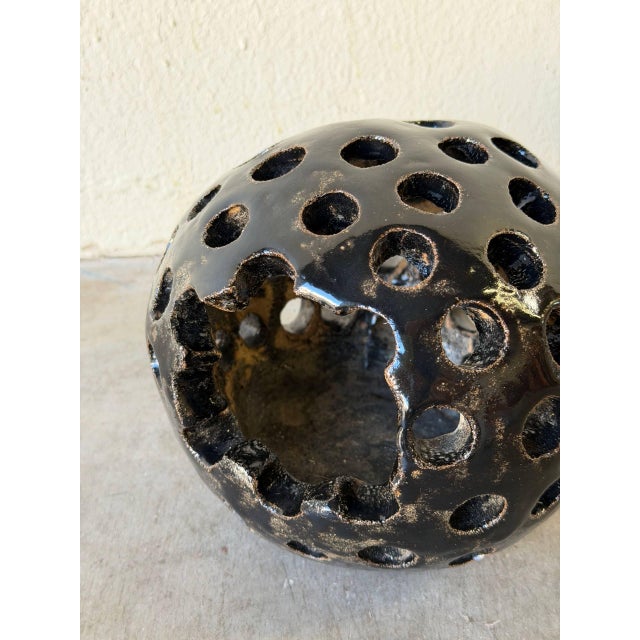 Mid-Century Modern Vintage Danish Brutalist Ceramic Candle Holder – Black Pierced Sphere For Sale - Image 3 of 9