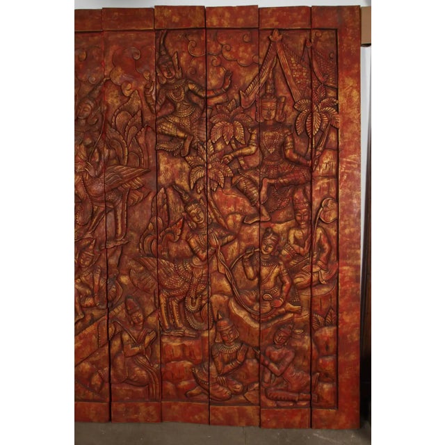 Monumental Vintage Thai Hand-Carved Wood Kinnari Wall Panel, Red and Gold For Sale - Image 13 of 15