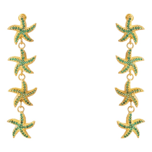 Emerald Starfish Cascade Gold Dangle Earrings, A Pair For Sale