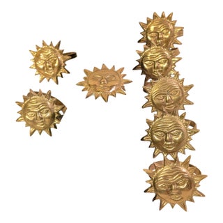 Vintage Brass Sun Face 8 Napkin Rings For Sale