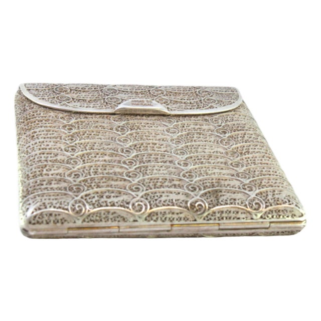 Silver Filigree Cigarette Case with Spring and Hinged Lid For Sale