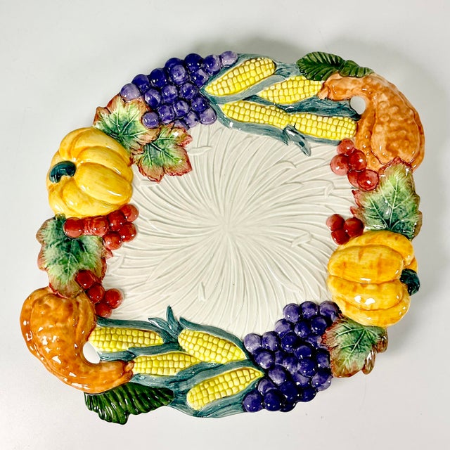 Ceramic 1993 Vintage Majolica Arts & Crafts Americana Boho Chic Fitz & Floyd Fall Harvest Platter For Sale - Image 7 of 11