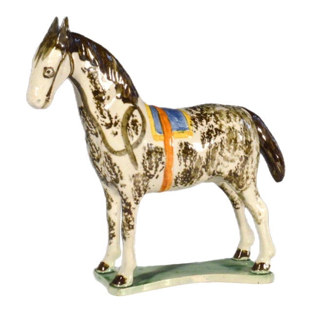 Antique Newcastle Prattware Pottery Horse Figure, English Folk Art Attributed to St. Anthony’s Pottery, Newcastle Upon Tyne For Sale