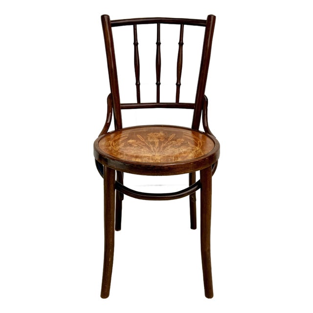 Antique Vienna Secession Bentwood Chair Attributed to Mundus With Floral Art Nouveau Seat For Sale