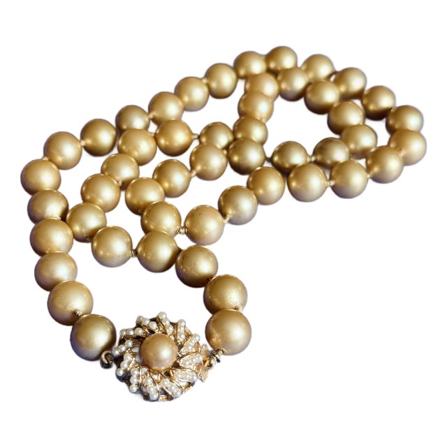 Vintage Peach Champagne Pearl Necklace With Sunburst Jeweled Clasp For Sale