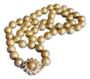 Vintage Peach Champagne Pearl Necklace With Sunburst Jeweled Clasp