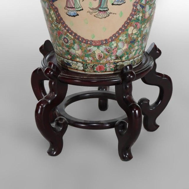 Monumental Vintage Chinese Rose Medallion Vase With Carved Hardwood Base 20thC For Sale - Image 11 of 11