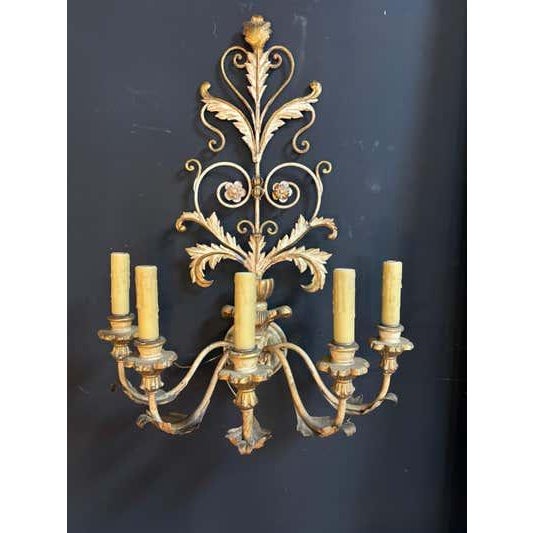 Pair of Metal and Wood Rococo Sconces with Gilt and paint applied. New wax candlesticks to all sockets.