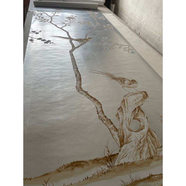 Silver Leaf Chinoiserie Hand-Painted Neutral Floral & Bird Wall Panels (Set of 4) For Sale - Image 4 of 4