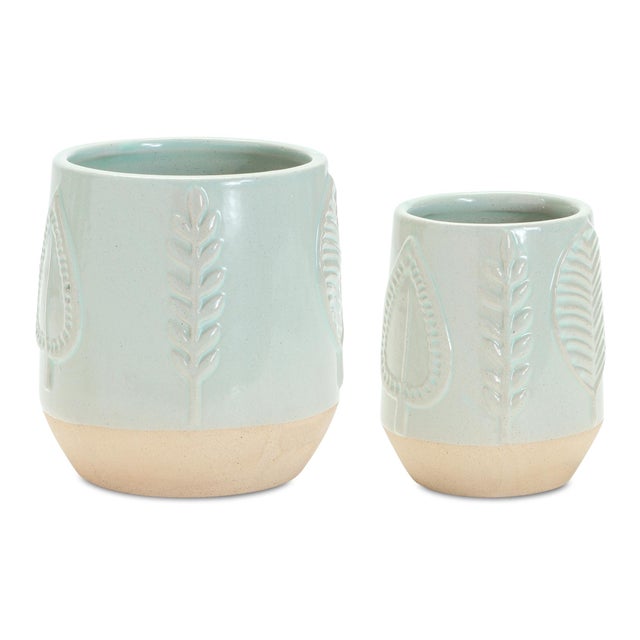 Modern Two-Tone Porcealin Planter with Leaf Design (Set of 2) For Sale - Image 3 of 4