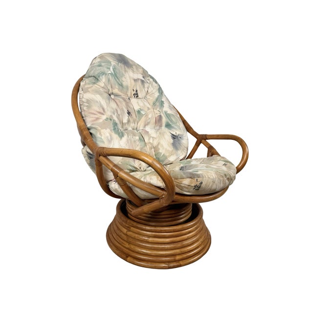Late 20th Century Vintage Rattan Swivel Rocker Lounge Chair With Tufted Floral Cushions For Sale - Image 5 of 15