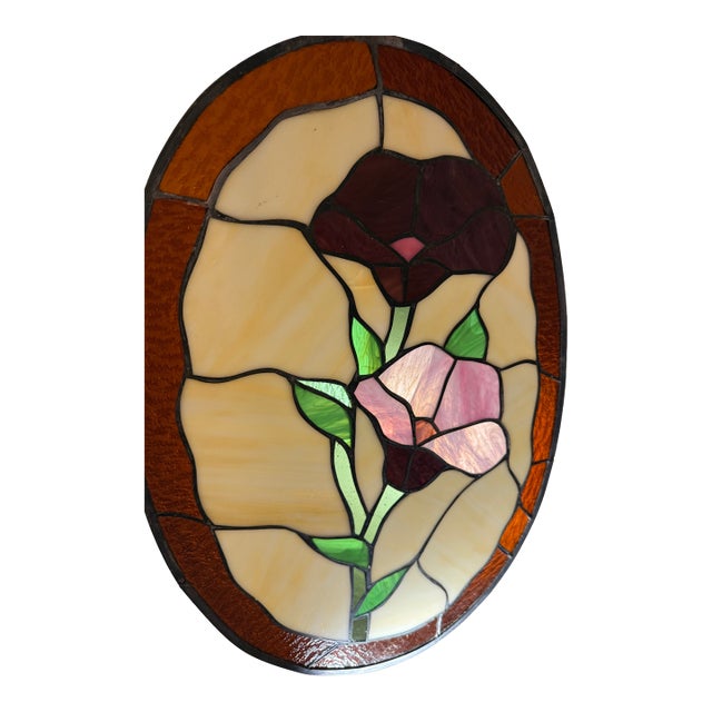 Vintage Handcrafted Oval Shaped Large Floral Motif Stained Glass Panel Suncatcher Window Hanging 18” X 13” For Sale
