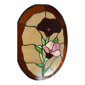 Vintage Handcrafted Oval Shaped Large Floral Motif Stained Glass Panel Suncatcher Window Hanging 18” X 13”