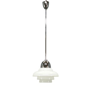 Vintage Art Deco Bauhaus Opaline Glass and Chrome Pendant Light, 1930s For Sale