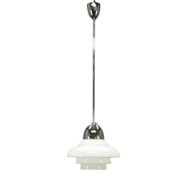 Vintage Art Deco Bauhaus Opaline Glass and Chrome Pendant Light, 1930s For Sale