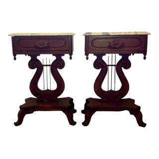Pair of Vintage Victorian-Style Lyre Harp Base Marble Top Nightstands / Side Tables – Italian Marble, Carved Rose Drawers For Sale