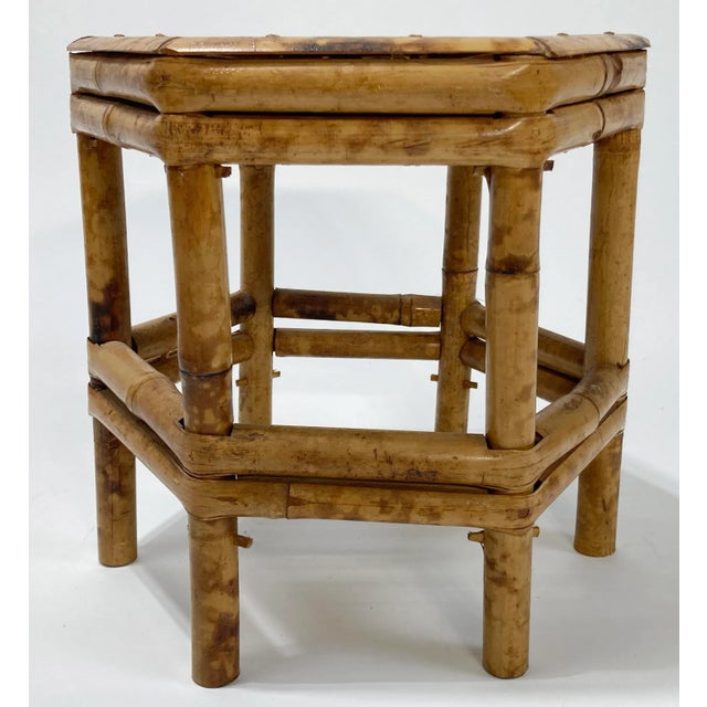 Sturdy vintage hex shaped burnt tortoise shell bamboo and split reed plant stand, riser or stool. Natural vintage wear....