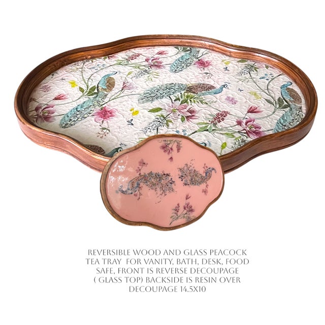 Vintage Peacock Pattern Tray for Vanity, Bath, Tea. Reversible- use either side. Resin finish on the back with the front...