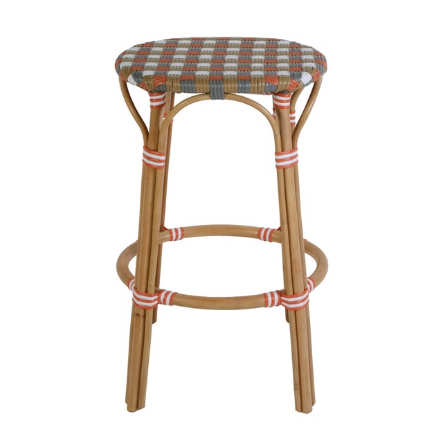 Spritely Home Accent Furniture Ballito 30 in. Seat Height Oval Rattan Bar Stool with Footrest, French White, Orange & Brown For Sale - Image 4 of 8