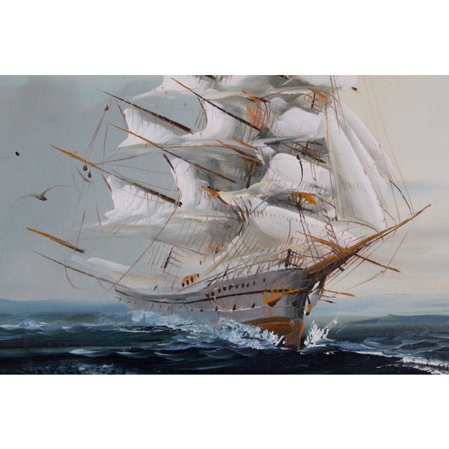 Textile Vintage Mid-20th Century Signed Maritime Oil Painting of Tall Ship at Sea – Nautical Seascape on Canvas For Sale - Image 7 of 14
