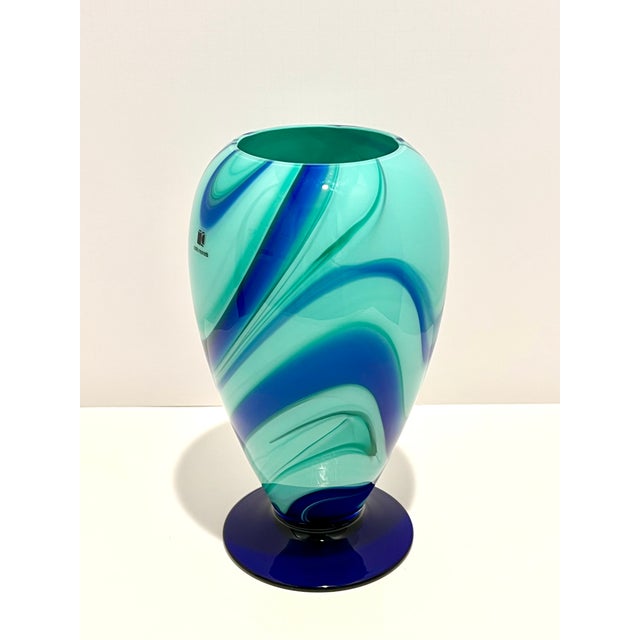 Carlo Moretti Murano Art Glass Vase Aqua Teal Cobalt Swirl Signed Labeled A striking Carlo Moretti Murano art glass vase...