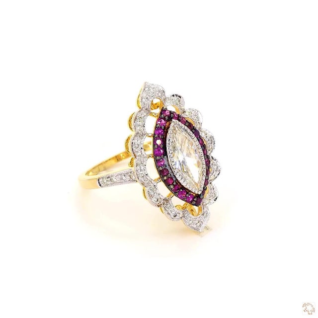 1.02 Carat Marquise Cut Diamond Ruby Gold Ring, Size 6.5 For Sale - Image 9 of 9