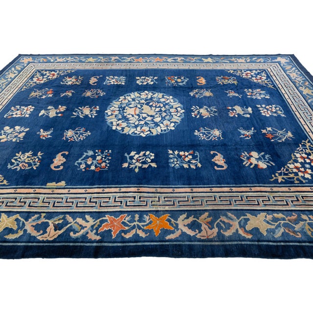 Chinese Antique Chinese Wool Rug – Blue Field, Floral Medallion, Early 20th Century For Sale - Image 3 of 11
