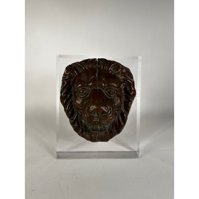 Metal Antique Zinc Lion Sculpture on Lucite Mount For Sale - Image 7 of 7