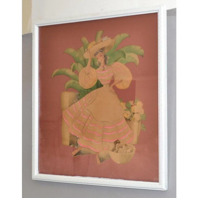 Vintage Bernard Watercolor Framed behind Glass Columbian Young Woman carries a Fruit Basket on her Head. Signed on...