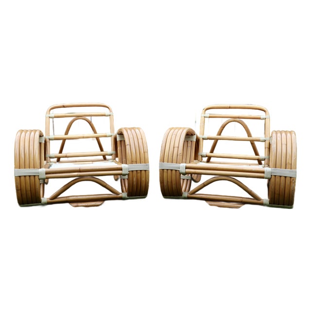 Pair of Mid-Century Modern Bamboo Rattan 5-Strand Pretzel Chairs | Paul Frankl Style For Sale