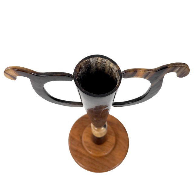 Wood Antique Early 1900s Folk Art Handmade Cattle Horn Trophy Cup / Loving Cup W/ Mahogany Wood Base - 15.5" H For Sale - Image 7 of 18