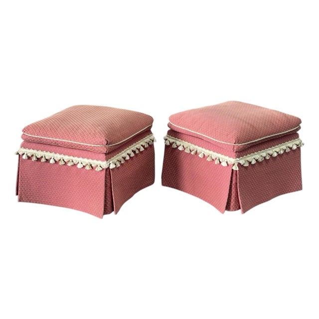 Vintage Square Ottomans on Casters, a Pair, Footstools, Traditional, Regency, Tassels and Fringe, Palm Beach For Sale
