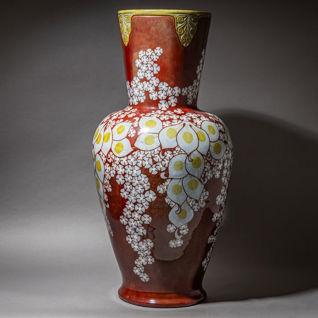 Modern Large Red Vase with Floral Decoration from Zsolnay Ceramics, Hungary, Early 20th Century For Sale - Image 3 of 16