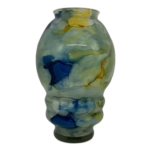 Contemporary Modern Art Glass Vase With Blues Greens and Yellows, Unsigned