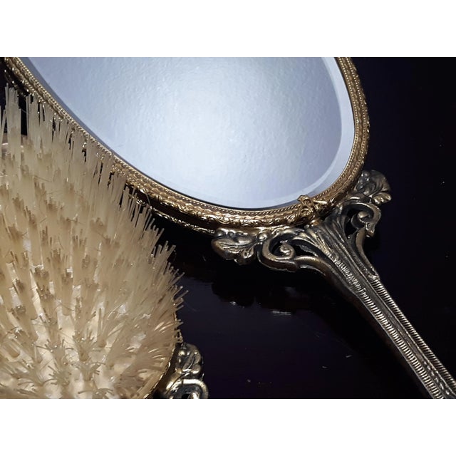 1920s Vanity Set Mirror & Hair Brush Accented With Seed Pearls