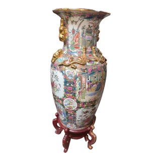 Large Chinese Rose Medallion Dragon Porcelain Gilt Floor Vase With Stand For Sale