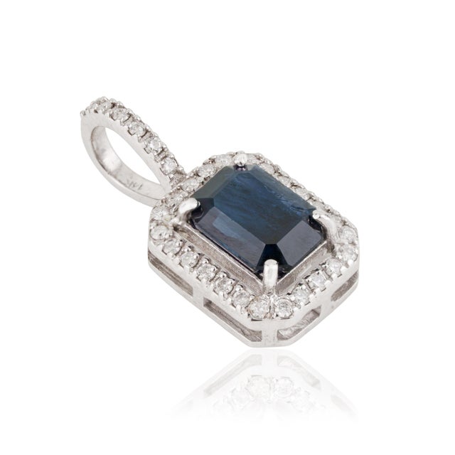 Art Deco 1.21ct Blue Sapphire & Diamond Halo Pendant in 14k White Gold For Sale - Image 4 of 14