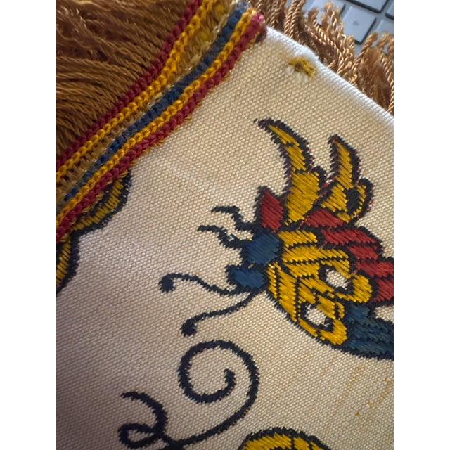 Vintage Gold Brocade Silk Blend Chinoiserie Fringe Tablecloth or Tapestry 55 x 49 Ornate ivory ground textile with...